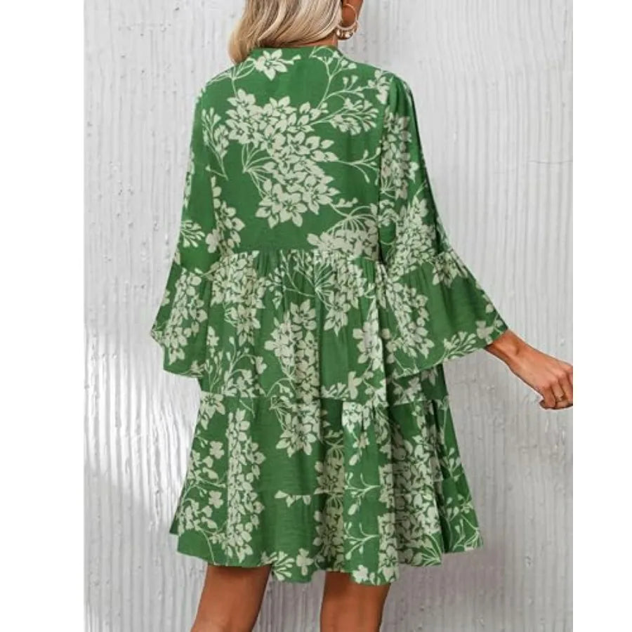 SELINK Womens Long Sleeve Dresses Casual V Neck Tribal Print Button Flowy Boho Mini Beach Dress