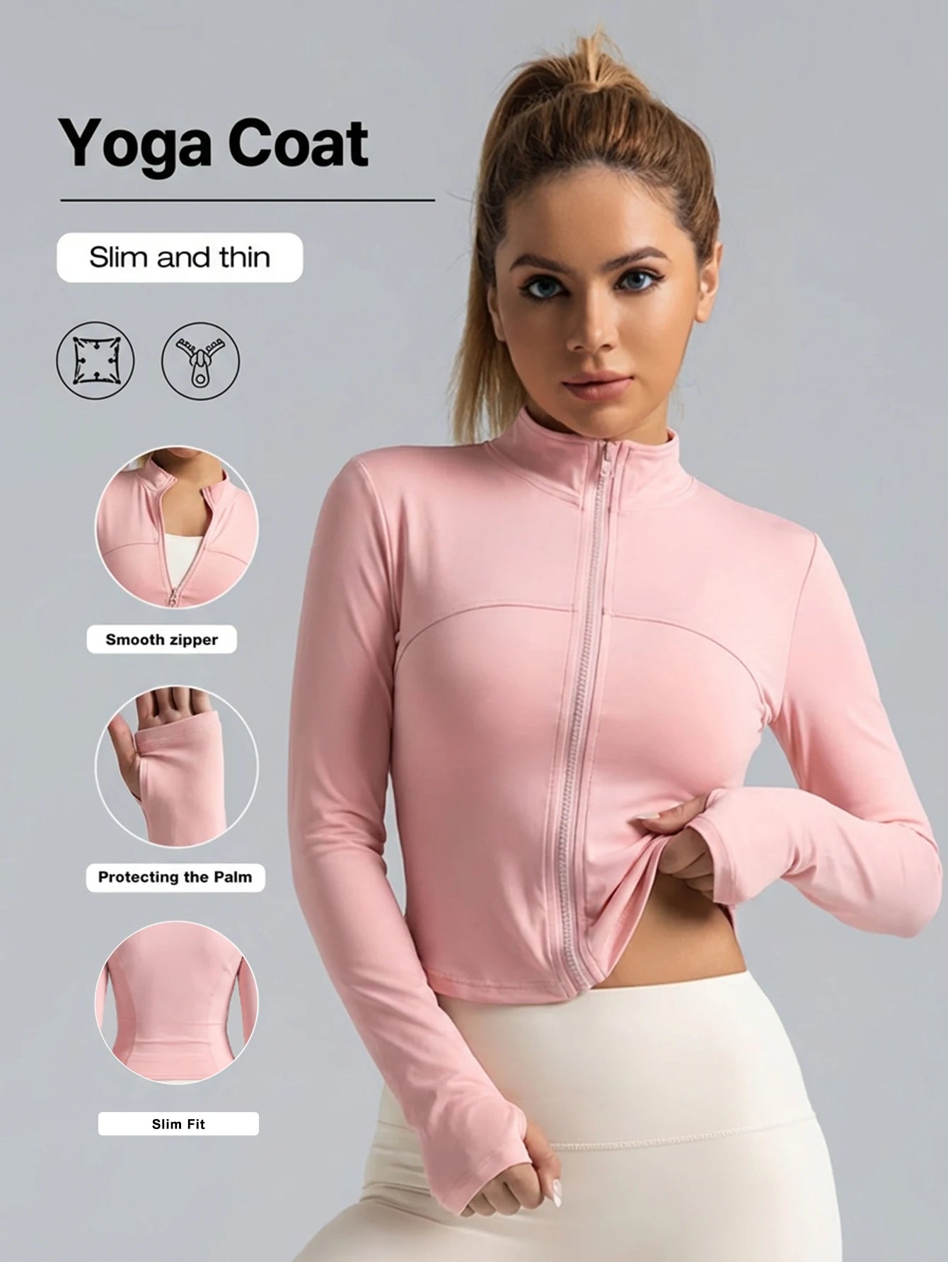 New Women Light Pink Yoga Coat Quick Dry Athletic Jacket with Zip Slim Fit Stand Up Collar Fitness Gym Workouts Outdoor Wear
