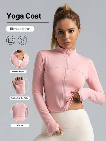 New Women Light Pink Yoga Coat Quick Dry Athletic Jacket with Zip Slim Fit Stand Up Collar Fitness Gym Workouts Outdoor Wear