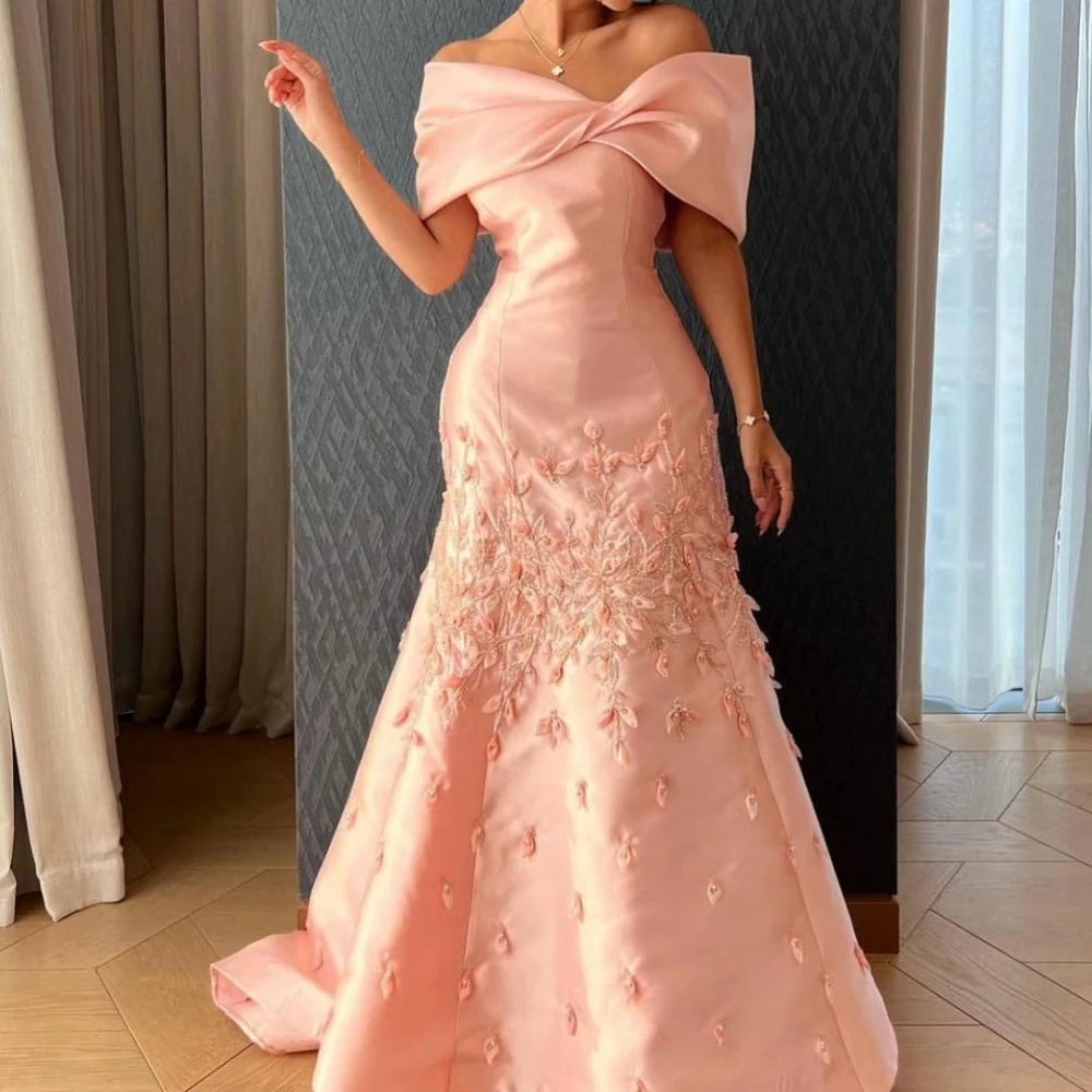Customized  فساتين مناسبة رسمية V Neck Off the Shoulder Beads 3D Flowers Satin Formal Occasion Evening Gown Arabia  سهرة
