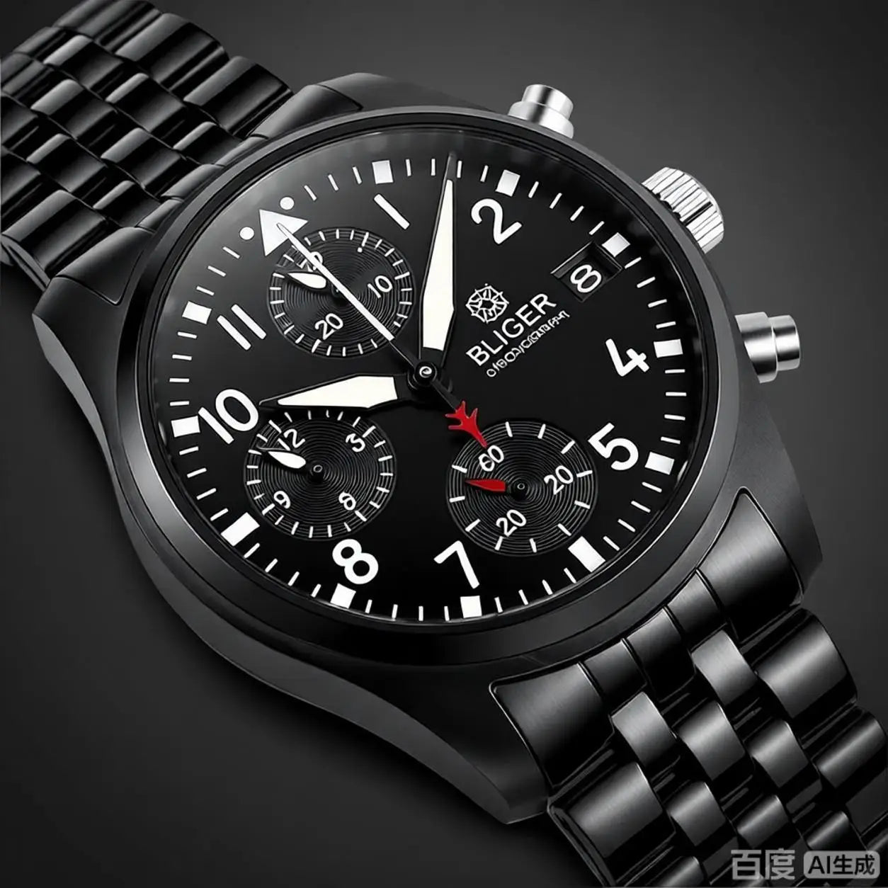 BLIGER Full Black Brushed 38mm VK67 Quartz Aviator Chronograph Watch For Men Domed Sapphire Glass Luminous Dial Waterproof Date