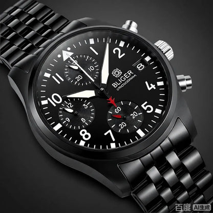 BLIGER Full Black Brushed 38mm VK67 Quartz Aviator Chronograph Watch For Men Domed Sapphire Glass Luminous Dial Waterproof Date