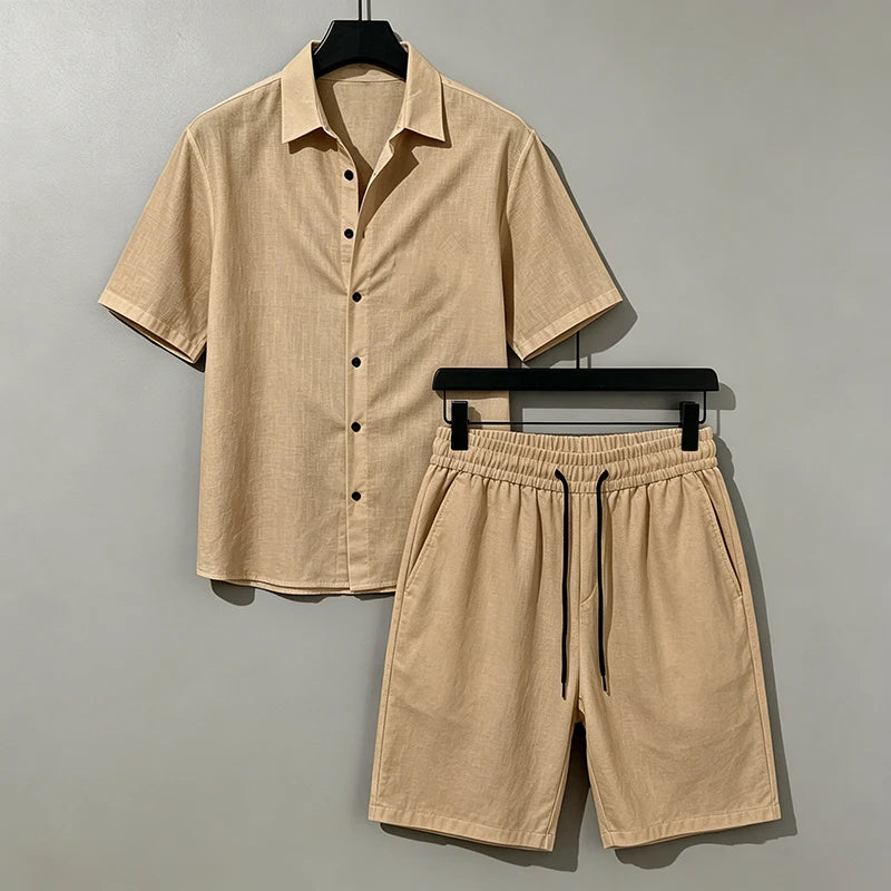 Men Linen Two Piece Outfit Short Sleeve Lapel Button Shirt Elastic Drawstring Shorts Summer Daily Seaside Vacation Casual Set