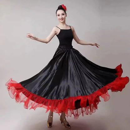 Skirt Gypsy Woman Spanish Flamenco Polyester Satin Smooth Big Swing Carnival Party Ballroom Belly Dance Costumes Dress