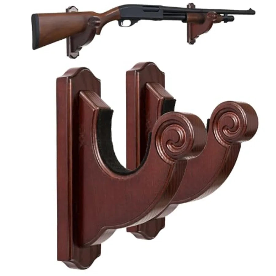 Rifle Wall Mount - Snail-Style Gun Hooks, Wooden Gun Rack for Shotguns and Rifles, Real Hardwood, Set of 2, Mahogany Finish, Rifle Wall Mount Display,Mahogany