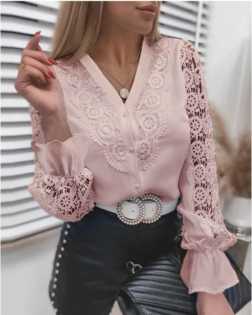 Elegant White Lace Hollow Panel Long Sleeve Blouse for Women, Office Lady Solid Top