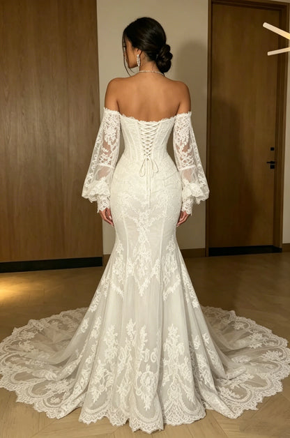 Custom 202Off Shoulder Lace Mermaid Wedding Dress Long Puff Sleeve Corset Back Bridal Gown with Cathedral Train