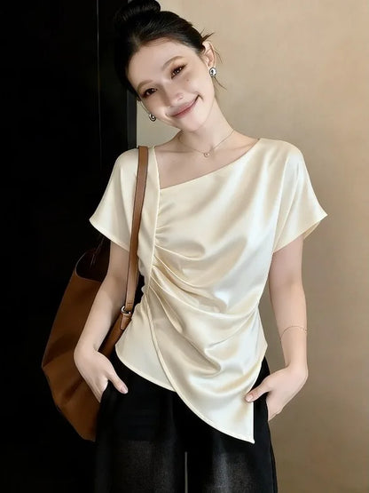 Elegant Acetate Satin Short Sleeve Shirt Women's plus Size Summer New Style Irregular Top Korean Style Loose Fit Commute Wind