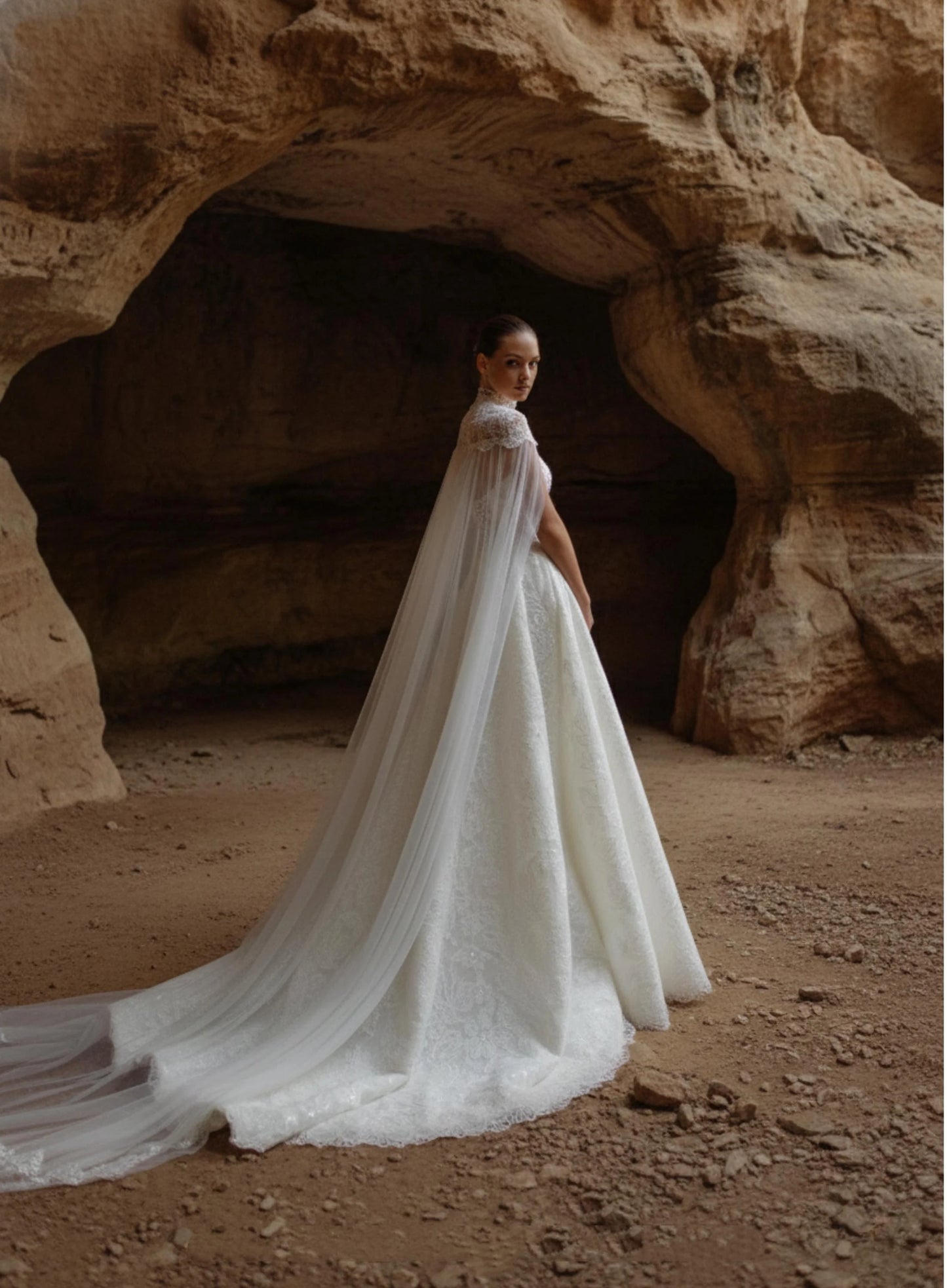 Gorgeous Lace High Neck Sparkling Wedding Dress Detachable Cloak Style Bride Dress Tight corset A-line Wedding Dress Customized