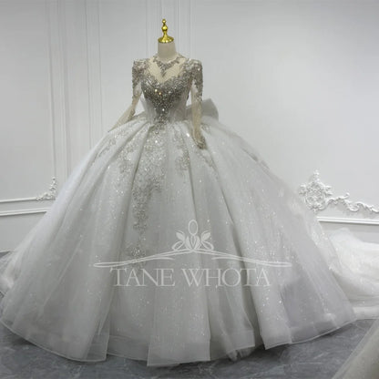 Luxury Wedding Dress With Long Sleeves Crystal Sequined Bow Keyhole Back O-Neck Lace-Up Ball Gown For Women