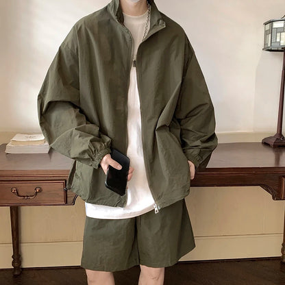 Men's Outdoor Summer Hiphop Sports Suit Casual Loose Sun Protection Thin Zipper Jacket with High Street Shorts Two-Piece Set