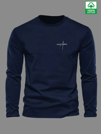 100% pure cotton men's long sleeved round neck loose classic letter printed autumn and winter casual versatile T-shirt top