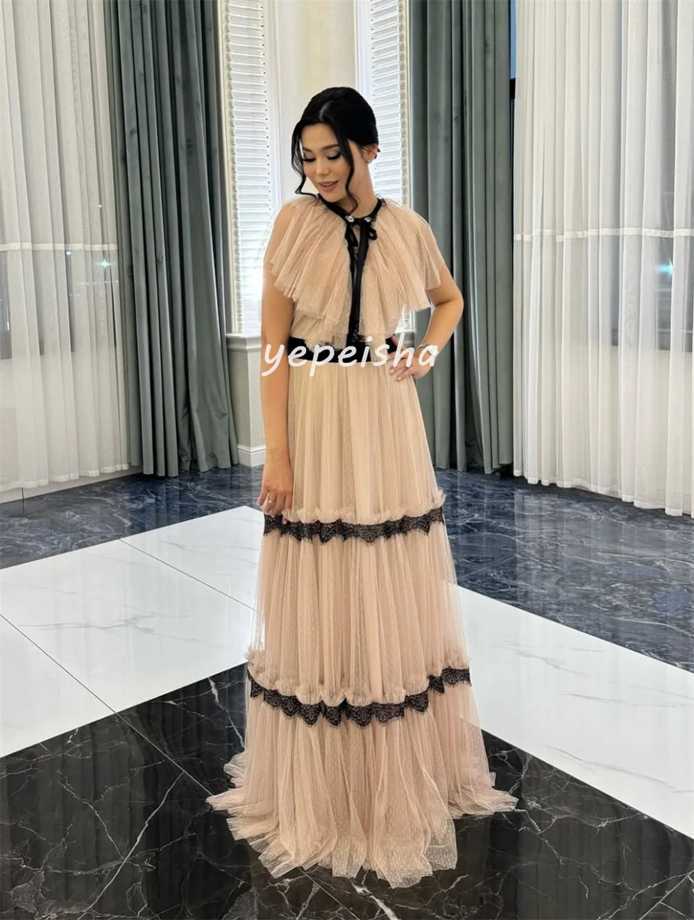 Customized Fashion Exquisite Tulle Pleat Tulle Lace A-line High Collar Long Dresses Bespoke Occasion Dresses Sizes Available