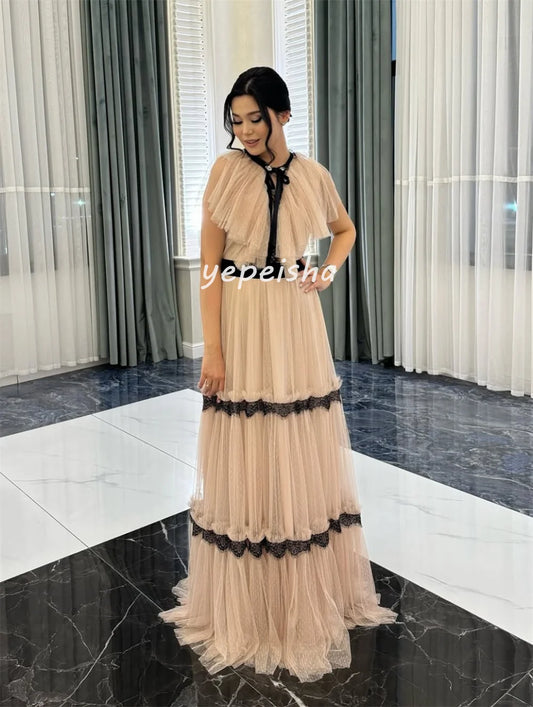 Customized Fashion Exquisite Tulle Pleat Tulle Lace A-line High Collar Long Dresses Bespoke Occasion Dresses Sizes Available