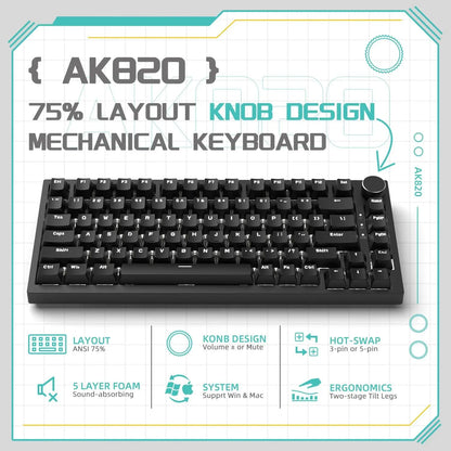 AJAZZ AK820 Wired With Rotary Volume Buttons Hot-Swappable Keys For Office AndHome Mechanical Keyboards DIY