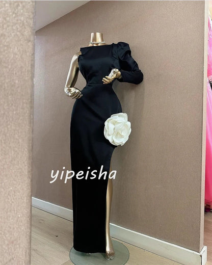 Customized Satin Handmade Flower Engagement A-line One-shoulder Bespoke Occasion Gown Long Dresses