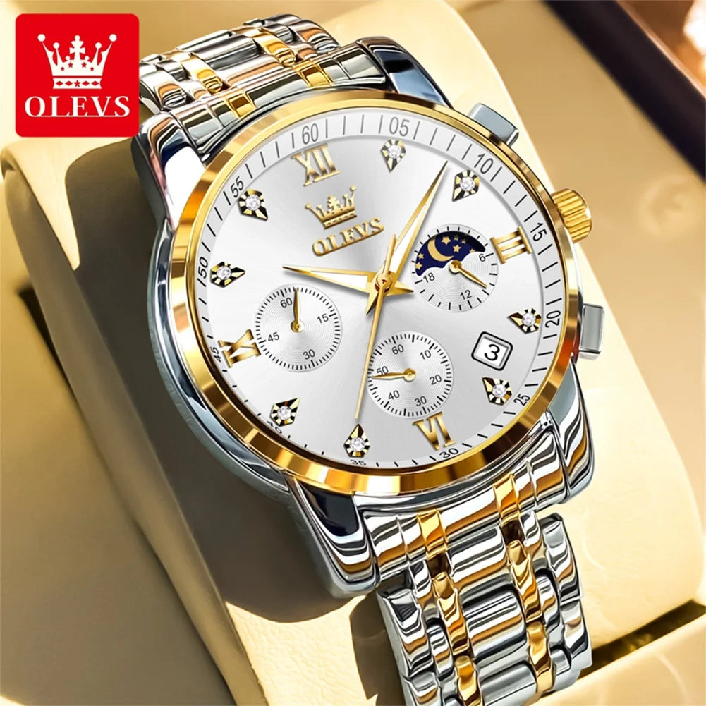 OLEVS Popular men's watches stainless steel black Moon Phase Chronograph quartz watch for man date Original brand wristwatch