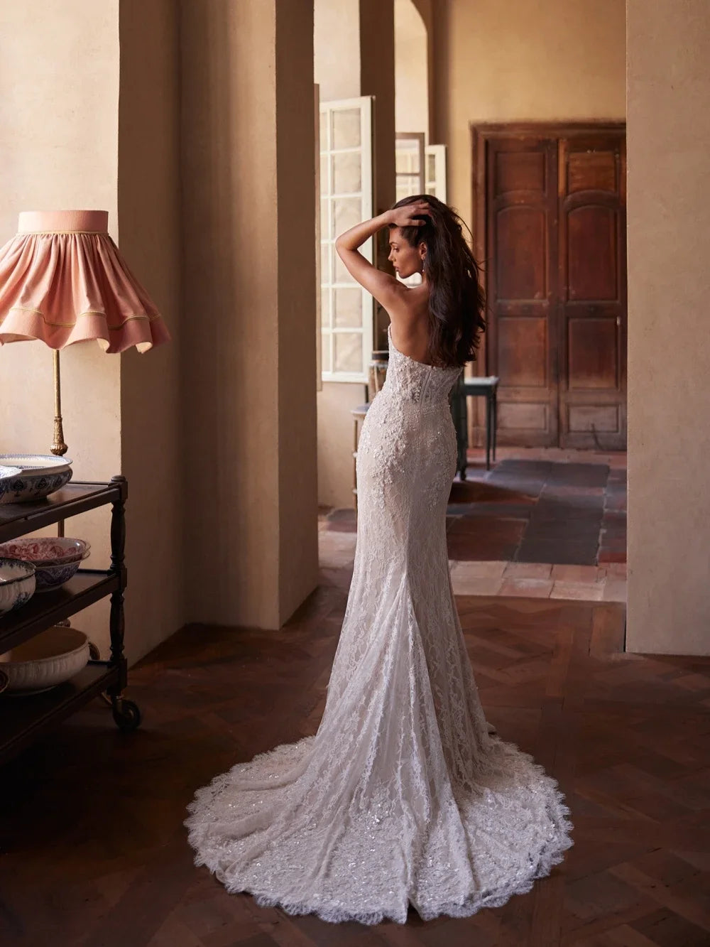 Customized Elegant Lace Long Sleeve Mermaid Wedding Dress Detachable Train Luxury High Collar Beaded Wedding Bride Dress