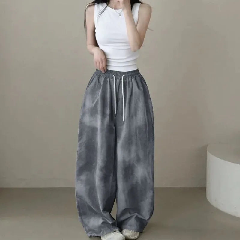 2026 Korean Version Pants Women's Tie-dye Loose Fashion Casual Drawstring Large Size Camouflage Printing Wide-leg Floor Pants