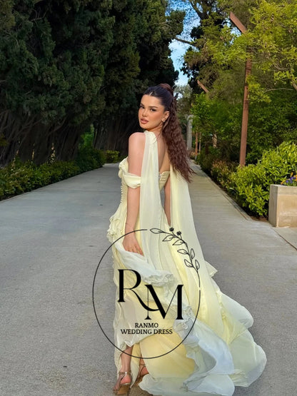 Ranmo Prom Gown Yellow Strapless 2026 A Line Ruffled Party Gown Chiffon Floor Length Evening Dress Vestidos De Gala Customized